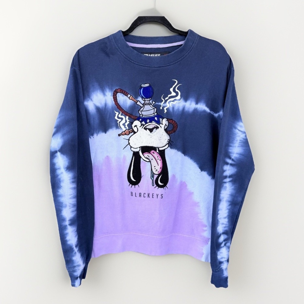 Black Keys Graphic Sweatshirt Mens Medium Blue Purple‎ Good Tie Dye Hookah